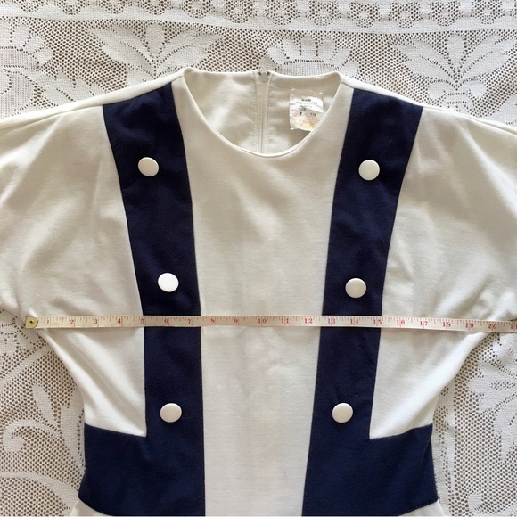 Vintage wool blend Tradition Sears cream and navy blue batwing midi dress size 8 - Picture 2 of 16